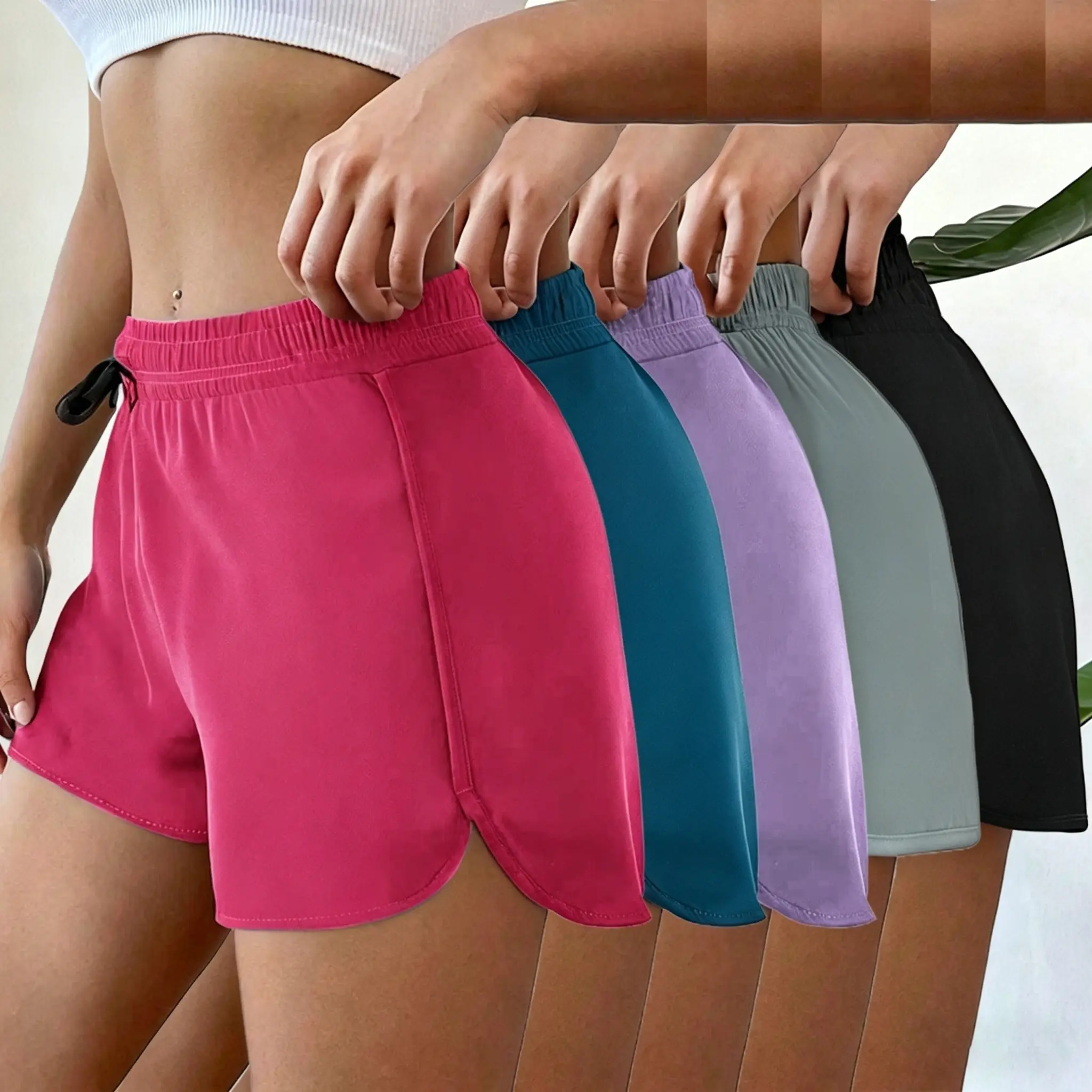 5-pack women’s summer fashion casual athletic solid-color shorts without pockets, featuring a drawstring waist design, suitable for sports, yoga, and everyday wear.