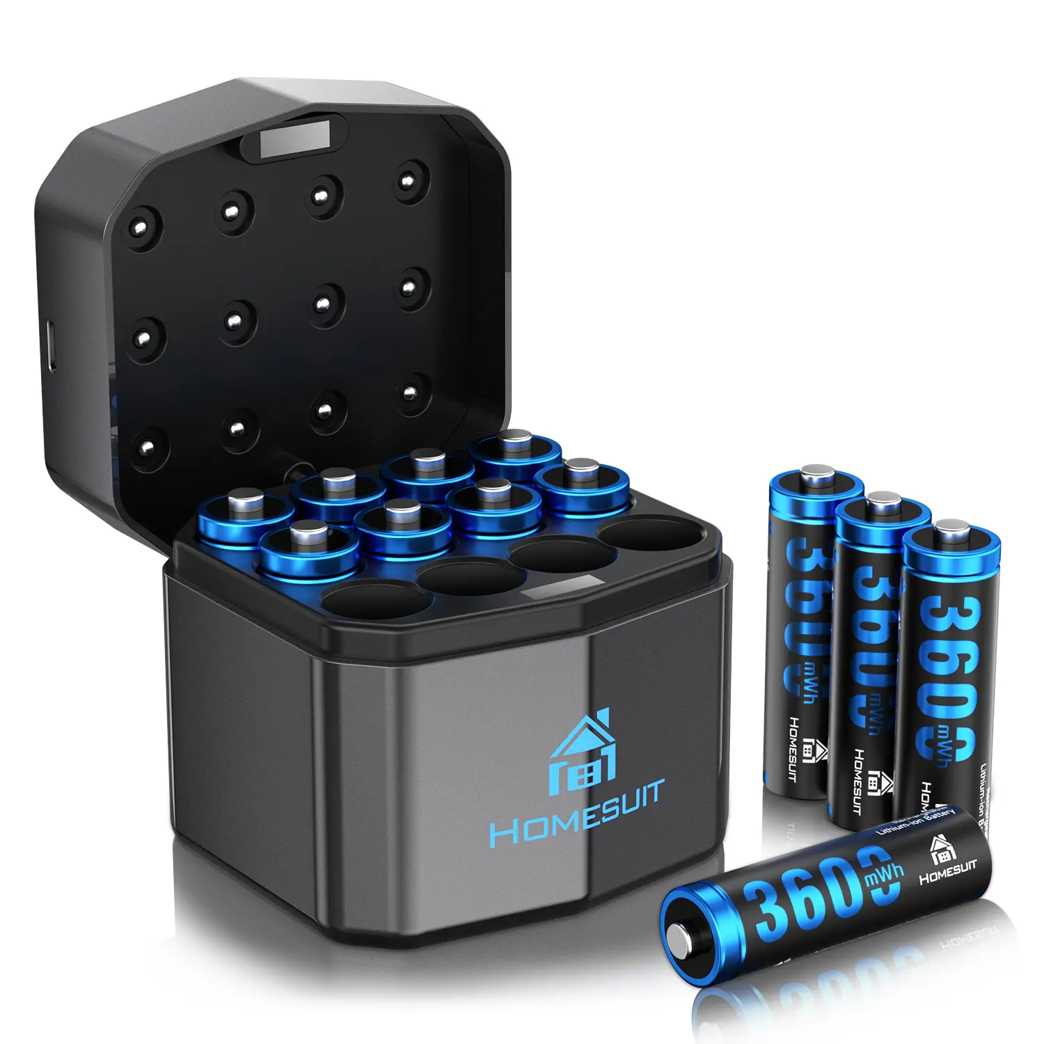 Homesuit 12-Pack 1.5V High Capacity Rechargeable Lithium AA Batteries with 12-Bay Charger, 3600mWh High Power Li-ion Double A Cells, Rechargeable Battery Packs with 2000+ Cycle Life, Blue, High Capacity Battery