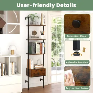 COSTWAY - 5-Tier Ladder Bookcase with Drawer and Metal Frame for Study Home Office-Rustic Brown