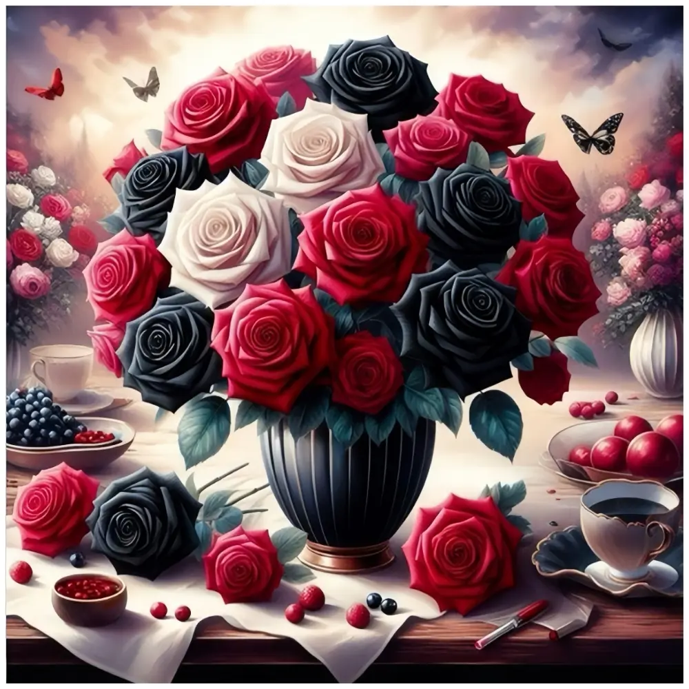Red Black White Rose Bouquet in Vase, Multiple sizes available including round diamonds, This 5D DIY diamond painting set diamond art embroidery kit, Diy kits, handmade DIY Craft Supplies Handicraft furniture decor holiday birthday art personalized gift