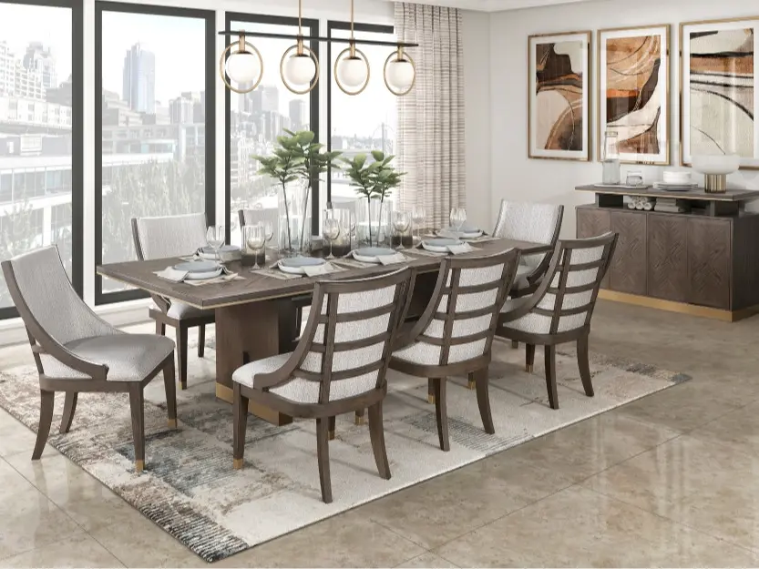 5933-96-7PC 7 pc Griffin brown finish wood dining table set fabric seating scoop style chairs
