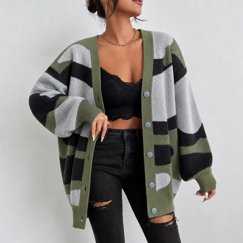 Women's Oversized V-Neck Knit Cardigan Sweater, Fall Casual Long Sleeve Button Down Coat. Vintage Camo Wavy Color Block Slouchy Jumper, Y2K Grunge Streetwear Cozy Knitwear Tops for Autumn. Everyday Relaxed Aesthetic Essential.