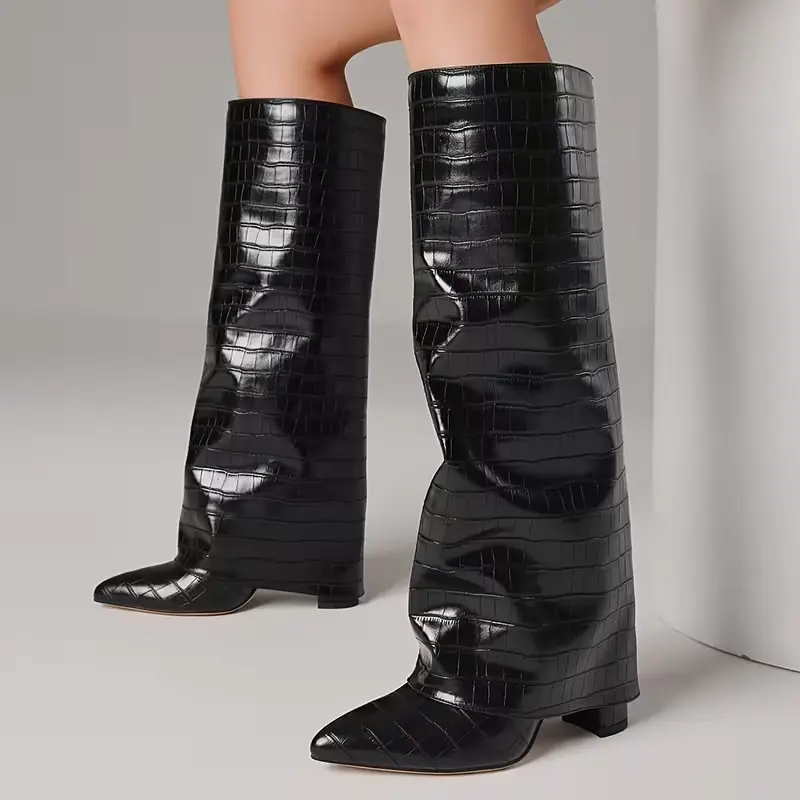 AOSPHIRAYLIAN Women's Crocodile-Embossed Over-the-Knee Boots, Faux Leather Pointed Toe with a 3.5-Inch Comfortable Block Heel, Slim Fit, Comfortable Heels, 3.5" Block Heel