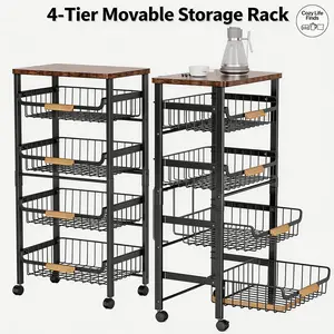 5-Tier Rolling Utility Cart, Kitchen Storage Cart with Wheels, Large Capacity Utility Cart with Wooden Tabletop & Mesh Baskets for Kitchen, Bathroom, Laundry Room