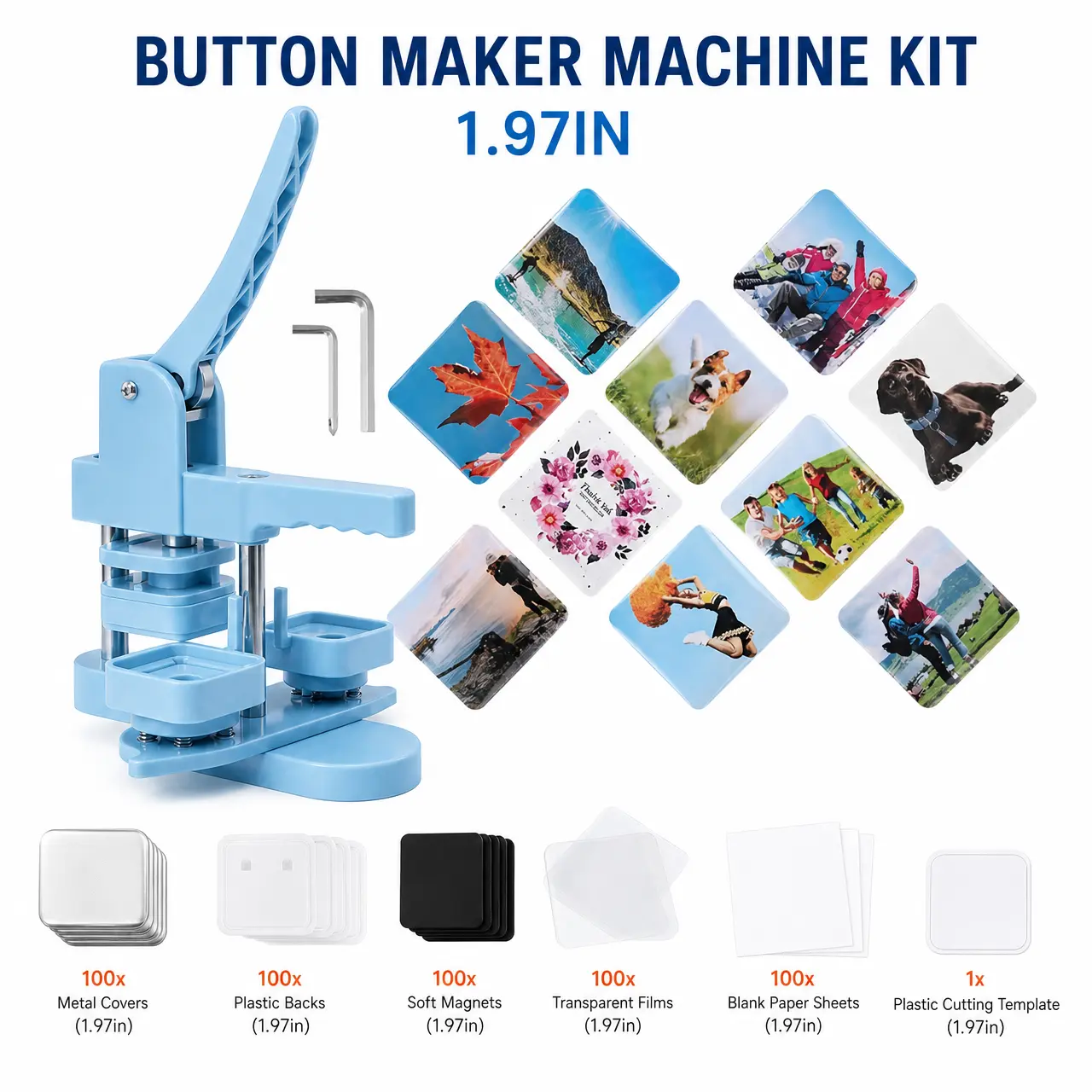 Square Hand Press Machine Kit - 1.97x1.97in Size, 100 Complete Sets with Metal Covers, Magnets, Films, Ideal for Custom Anime Badges, Hobbyists
