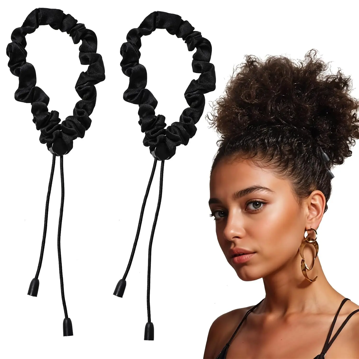 Black Satin Hair Scrunchies for Women & Girls, Adjustable Hair Ties for Thick, Curly & Natural Hair, Silky-Soft Hair Accessories for Afro Puffs, Locs & Ponytails