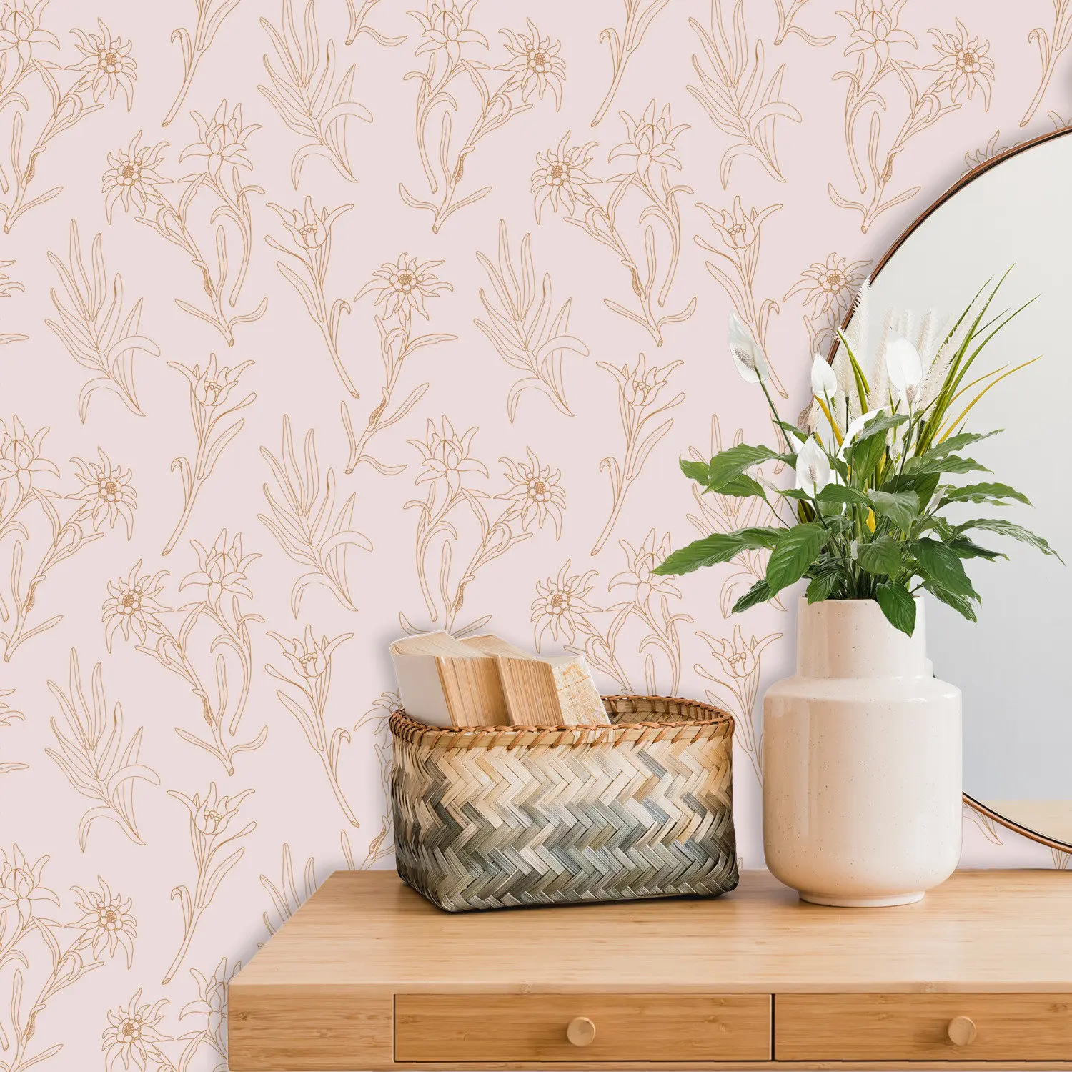 Boho Art Vector Peel & Stick Wallpaper - Pastel Seamless Edelweiss Flower Pattern on Pink Background for Hotel, Restaurant, Home