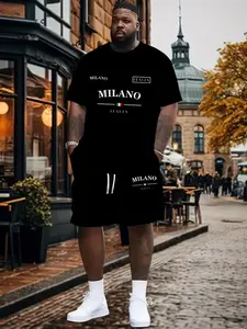 Men's Large Size Summer Casual Round Neck T-Shirt + Drawstring Waist Shorts Set, Letter Print, Micro Stretch Knit Fabric, Fashion Sportswear