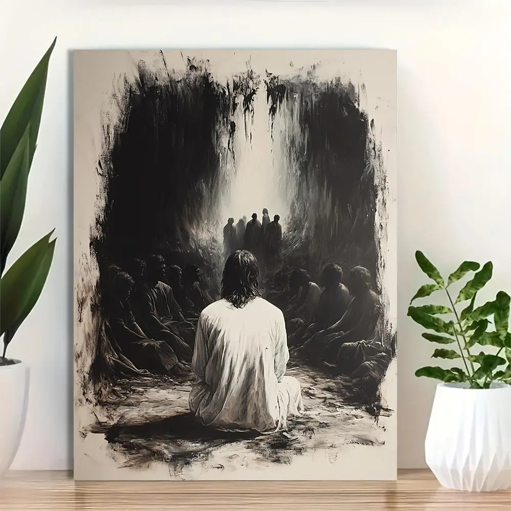 1pc 12x16in Framed Joseph Scene Bible Art Print - Modern Boho Black and White Scripture Drawing/Sketch Wall Art, Dramatic Lighting Christian Decoration for Living Room, Home Supplies Posters & Prints