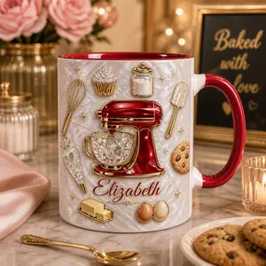 Personalized Baking Mug 2D Printed 3D Effect Coffee Cup, Custom Name Ceramic Mug with Kitchen Mixer Design for Bakers Pastry Chefs Cooking Lovers, Cute Kitchen Keepsake, Gift Idea for Her Women Friends Birthday Housewarming Celebration Present