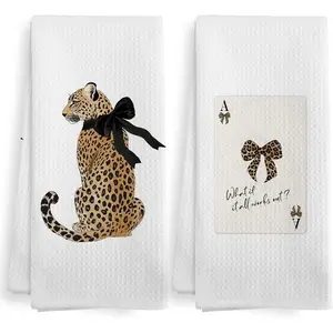 Trendy Leopard Cheetah Print Poker Bathroom Room Decor Preppy Brown Leopard Bow Decor Dish Hand Tea Towels for Bathroom Kitchen Sets of 2 Cheetah Kitchen Towels and Dishcloths 16x24 Inch