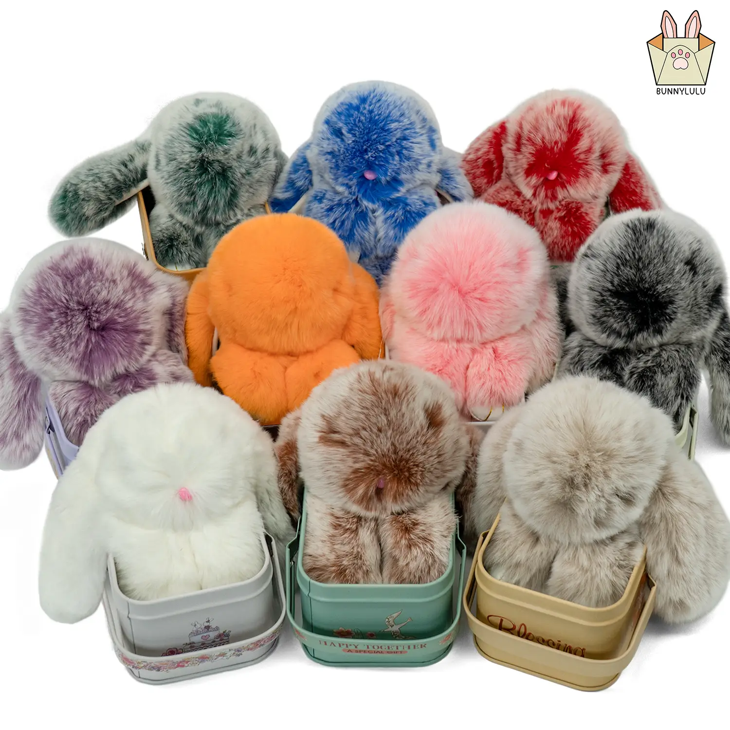 BunnyLulu Handmade Fluffy Bunny PomPom Keychain with Designed Tin Box, – Cute Halloween Gift, Travel Accessory & Birthday Present for Girls & Women