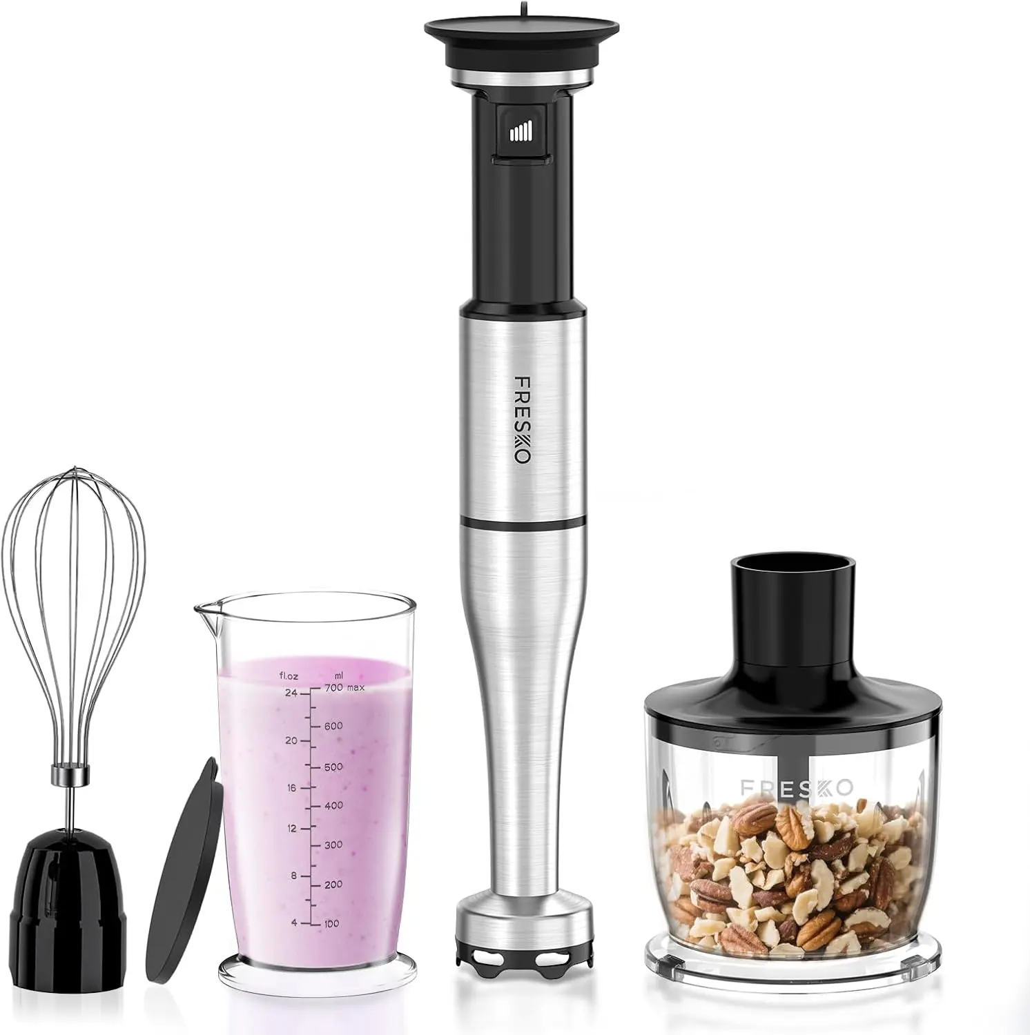 FRESKO 4-in-1 Multifunctional Handheld Stick Blender - Small Handheld Blender with Food Processor, Whisk, Beaker, Adjustable Speed Trigger Control, Stainless Steel for Baby Food, Soups