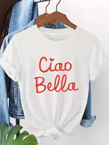 Women S Ciao Bella Italian Print Plus Size T Shirt Casual Round Neck Short Sleeve Tee with Tie Waist Detail White with Red Lettering Lightweight for Spring Summer