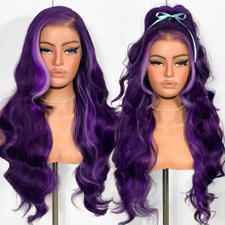 BLACKSWERN Women's 13x6 HD Lace Front Wig, 26in Glueless Body Wave Synthetic Hairpiece, Pre-Plucked Burgundy Black Blonde Highlight Cut-and-Go Glueless Wigs for Daily Life & Cosplay, Affordable Fashion Accessory Lace Frontal Wigs Soft Wave Wig