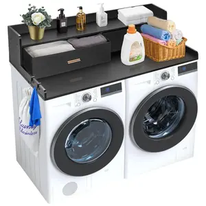 【Summervibes】VEVOR 2 Drawers Washer Dryer Countertop with 2-Tier Shelf,  , 54" x 27" Wooden Washer and Dryer Countertop with Non-Slip Pads, Water-Resistant Laundry Topper for Laundry Room Organization, Black