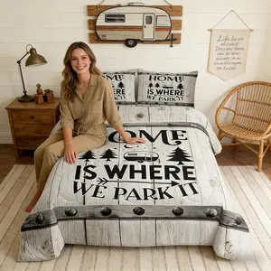 Camper RV Comforter Set,Camping Travel Trailer Decor Bedding Set for Kids Boys Girls Adults,Vintage Wooden Plank Cottage Down Comforter,Rustic Farmhouse Duvet Insert