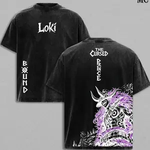 Loki Washed Tee – One Piecee Anime Elbaf Giant Prince Manga Graphic Double Printed T-Shirt, Menswear Heavy Cotton Unisex Oversize Streetwear Vintage Anime Tee G4CSI