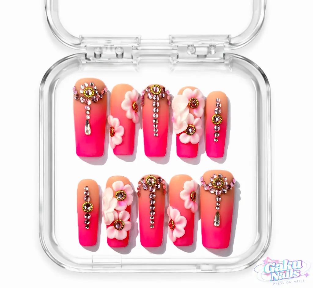 GakuNails FUCHSIA DREAM 24-Pcs Long Square Handmade Press-On Nails Multi-Pack - Unisex 3D Gel Builder Pink Floral Kawaii Reusable Eco-Friendly Nail Art with Box for Spring Vacation, Dainty, S