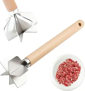 Cubidupi 304 Stainless Steel Meat Chopper,6 Blade Ground Beef Masher with Wooden Handle, 11 Inch Potato Masher, Metal Meat Masher for Kitchen