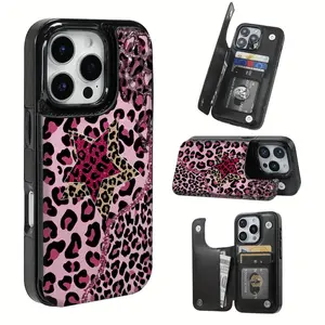 Glitter leopard starburst pattern, a gift for friends and family for Halloween, Christmas, and Thanksgiving, with a credit card slot, multifunctional phone case, suitable for bank cards and more. It is compatible with iPhone 17/16/15/14/13/12. summerwins