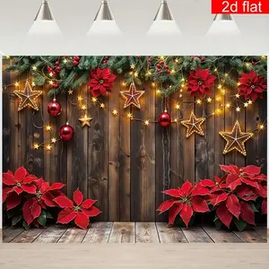 1pc Christmas Photography Backdrop Vintage Wooden Wall Style Multiple Sizes Floral String Lights Design Polyester Fabric Four Holes Easy Hanging Perfect for Winter New Year Home Wall Decor
