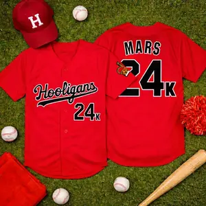 Mars Hooligans Baseball Jersey – Custom Name & Number 24K Shirt, Bold Red Sports Apparel, Trendy Baseball Jersey, Music Tour Outfit, Unisex Streetwear for Fans