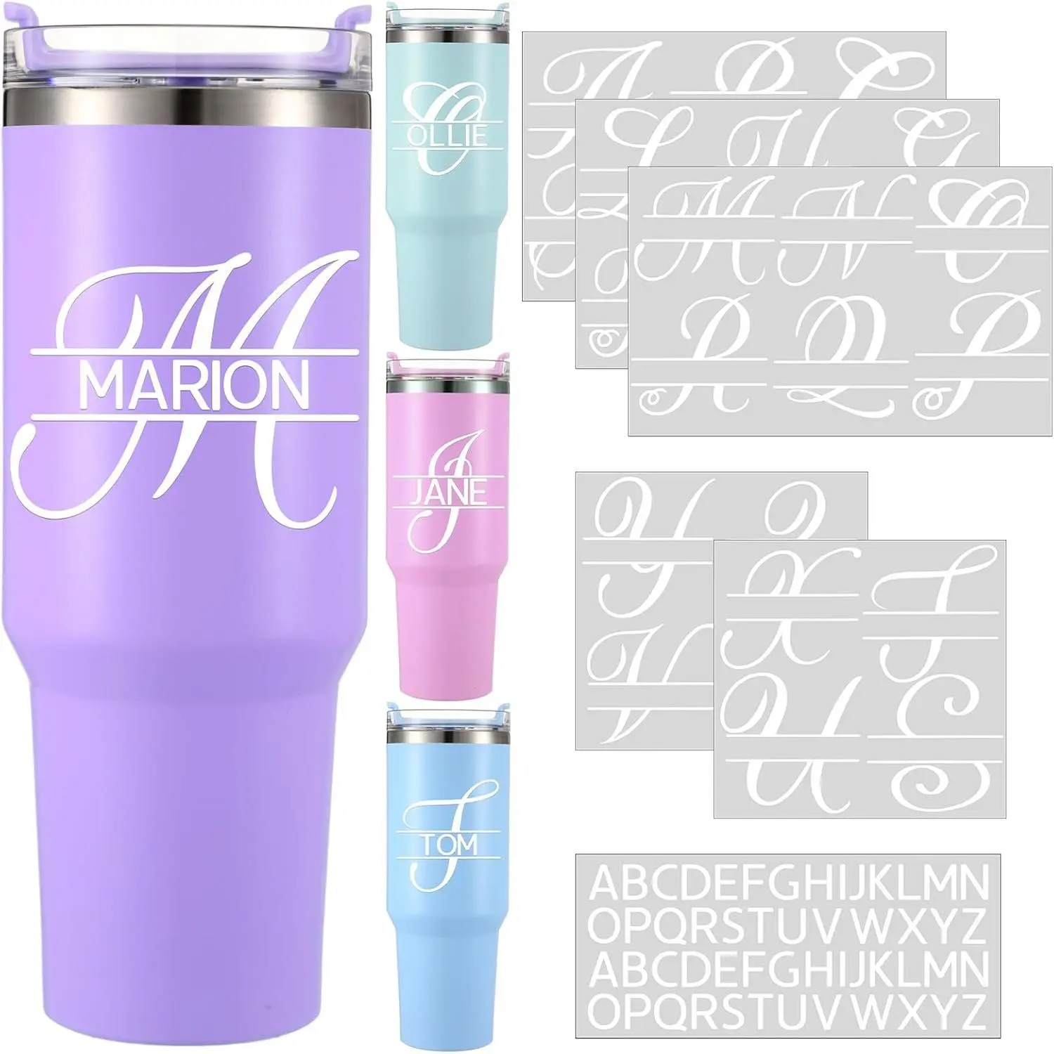 10 Sets 0.5 In Multicolored Split Letter Vinyl Name Stickers Sheets - Personalized UV DTF Monogram Stickers (3.3 x 3.4 In, White) with Customization, Easy Apply for 30-40 Oz Tumblers, Car Exterior Accessories, 0.5 Inch