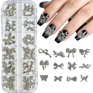 1Box 3D Trendy Y2K Alloy Bow Series Nail Charms Irregular Gold Glossy Tie Butterfly Nail Art Decorations DIY Press ON Nails