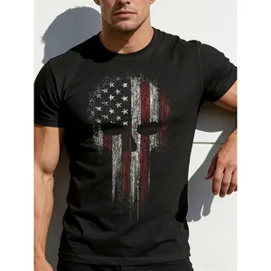 Men's American Flag & Skull T-Shirt - 100% Cotton Relaxed Fit Casual Tee with Flag Skull & Crossbones Print, Short Sleeve Round Neck Shirt Suitable for Casual Wear, Gym, Training, Year-Round - Machine Washable American Patriotic Apparel