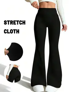 Women's Solid Color Mid-Rise Waist Stretch Flared Pants Sports Yoga Pants Compression Leggings Running Fitness Pants, Breathable Quick-Drying Sports Trousers, Sports Casual Pants, Women's Leggings, Fake Pocket Design,Women's Clothing,T-Chic