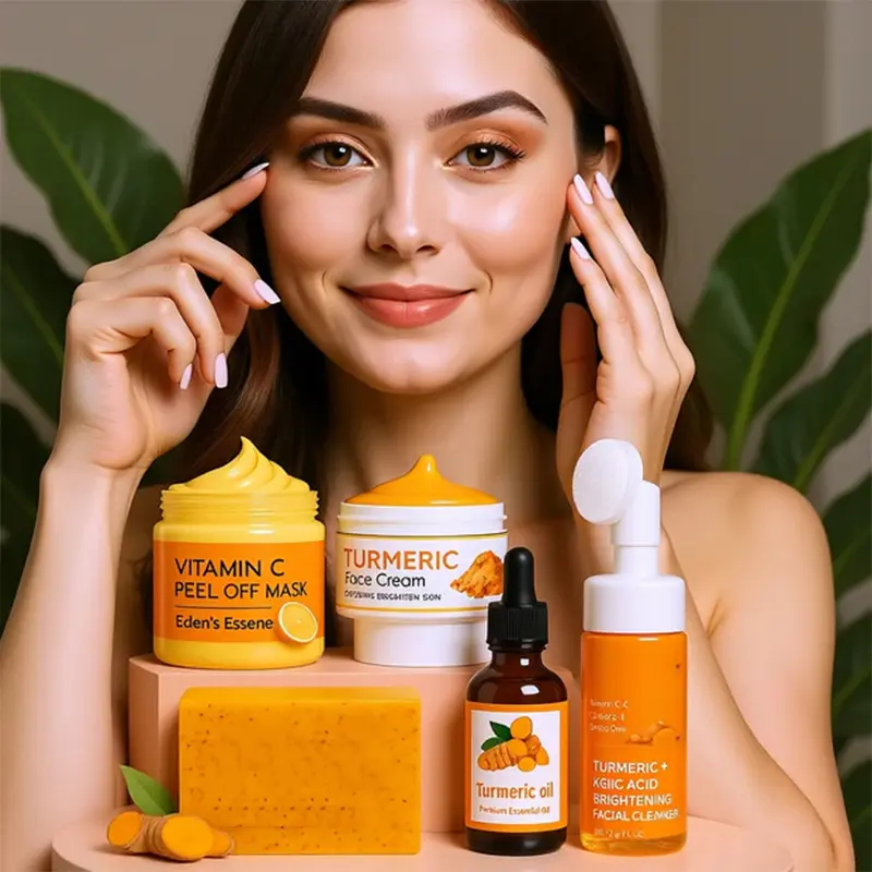 Turmeric Care Kit 6 Counts Set with Soap Cleansing Pad Mousse Cleanser Essential Oil Peel Off Mask & Soap Bag for Women Men Christmas Gifts