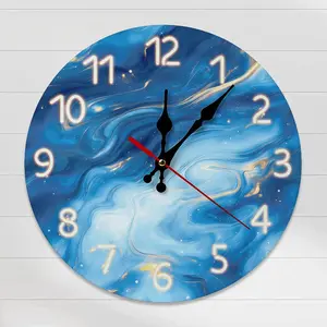 12in Modern Round Blue Wall Clock| Silent Non-Ticking Contemporary Fluid Art Wood Clock for Home, Living Room, Office Decor, Battery Not Included, Perfect Gift