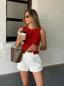 Women's Knit Sleeveless Round Neck Fitted Crop Top Button, Basic Casual Fashion Streetwear, Youthful Holiday Wear, Office Style