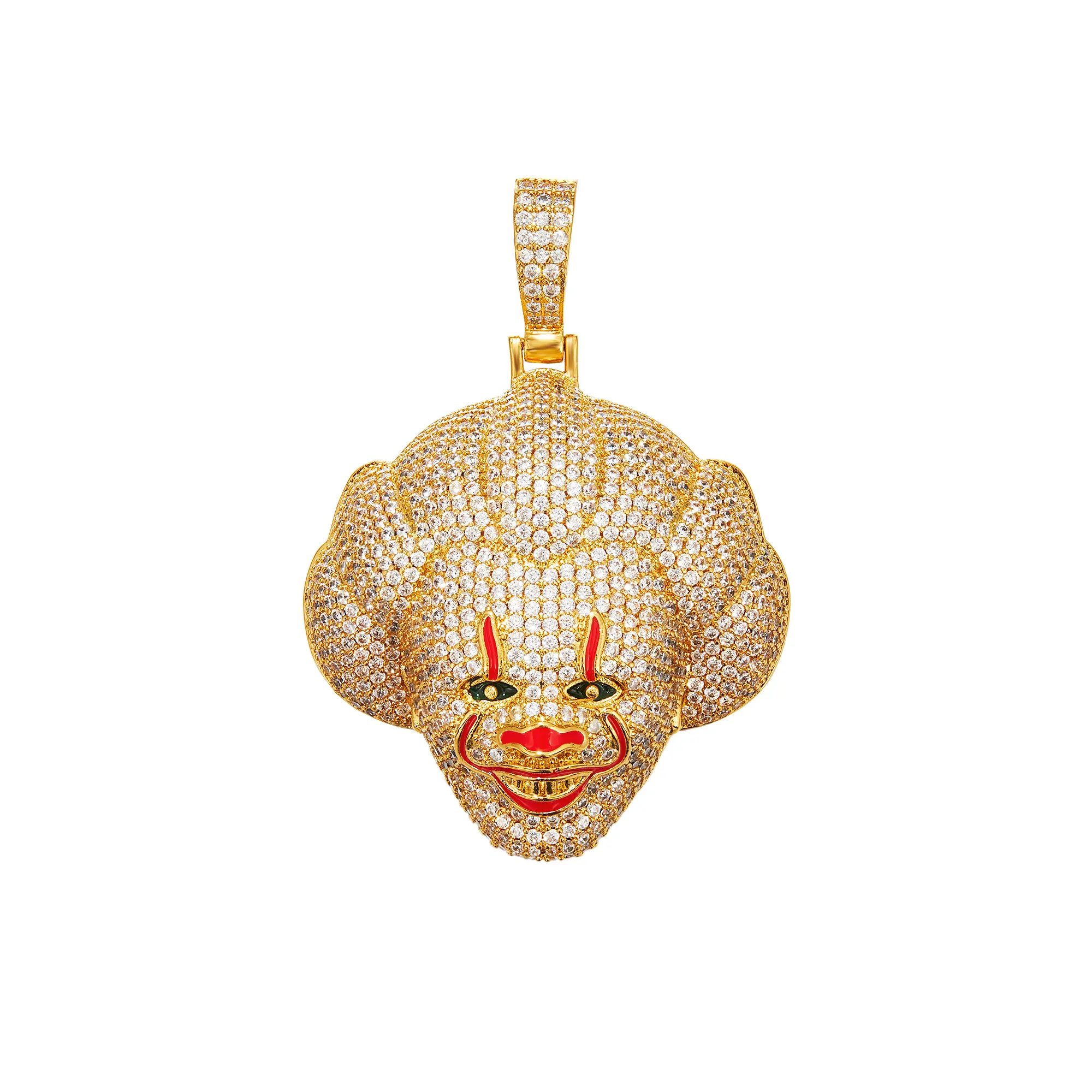 Iced Out Pennywise Clown Pendant Necklace with Red Nose, Burst Hair, Customizable Style, Cuban Gold Chains | Horror Movie Hip Hop Bling Costume Jewelry | Casual Gold-Tone Streetwear Accessory for Horror Fans, Detailed Creepy Clown Face, Halloween, Square,