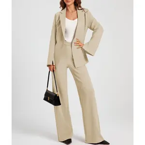 Casly Lamiit Women's 2 Piece Blazer Outfits Business Casual Asymmetrical Jacket Button Wide Leg Pants Dressy Suit Sets Fitted Chic Elegant Womenswear