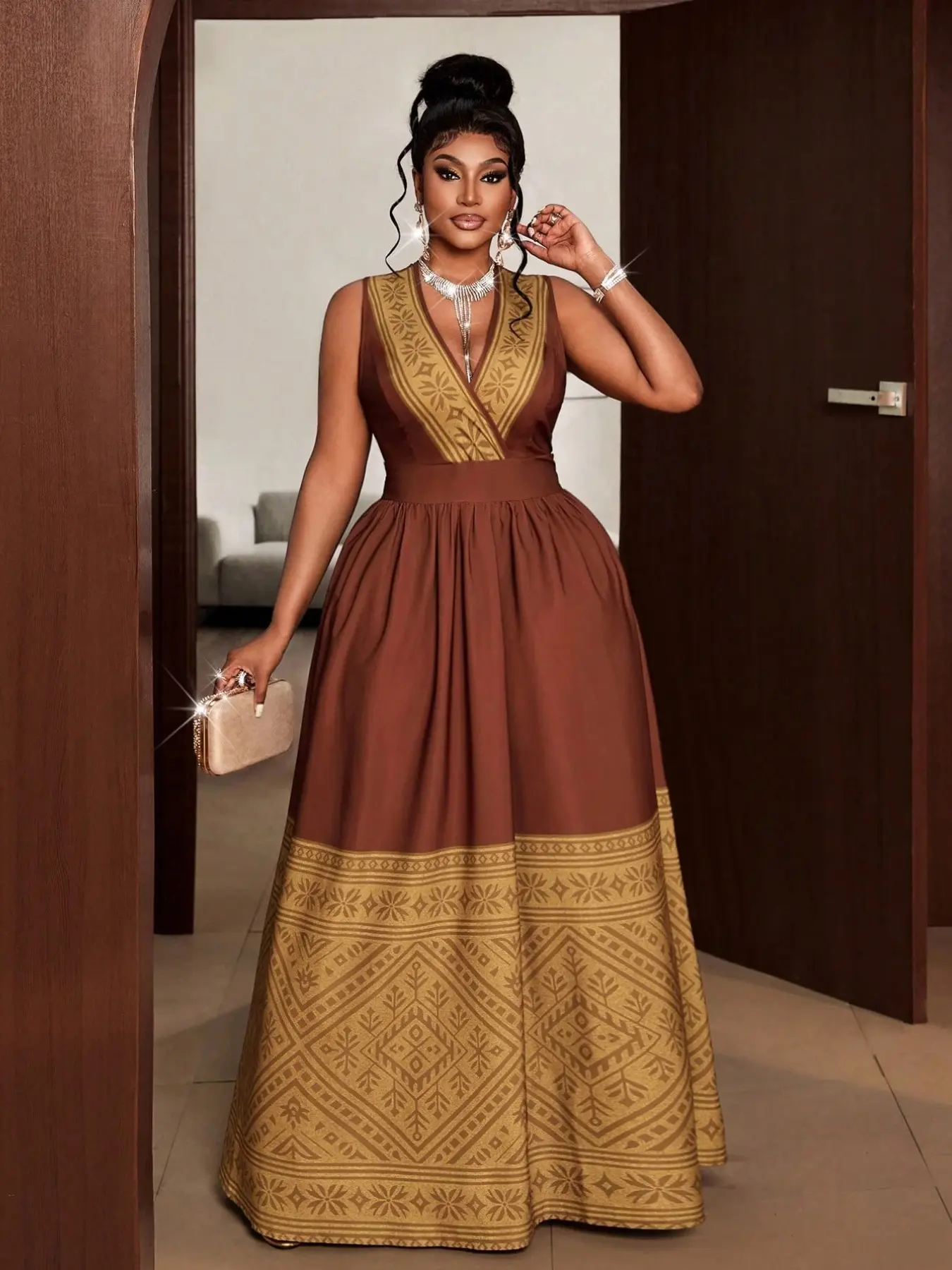 Plus Size V-Neck Geometric Pattern Ethnic Ruffle Hem Sleeveless Dress, Stylish and Comfortable Design, Perfect for Casual Wear, Casual Bohemian Fashion