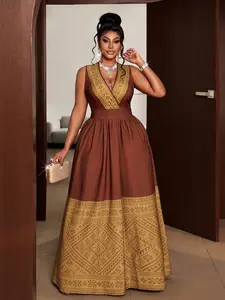 Plus Size V-Neck Geometric Pattern Ethnic Ruffle Hem Sleeveless Dress, Stylish and Comfortable Design, Perfect for Casual Wear, Casual Bohemian Fashion