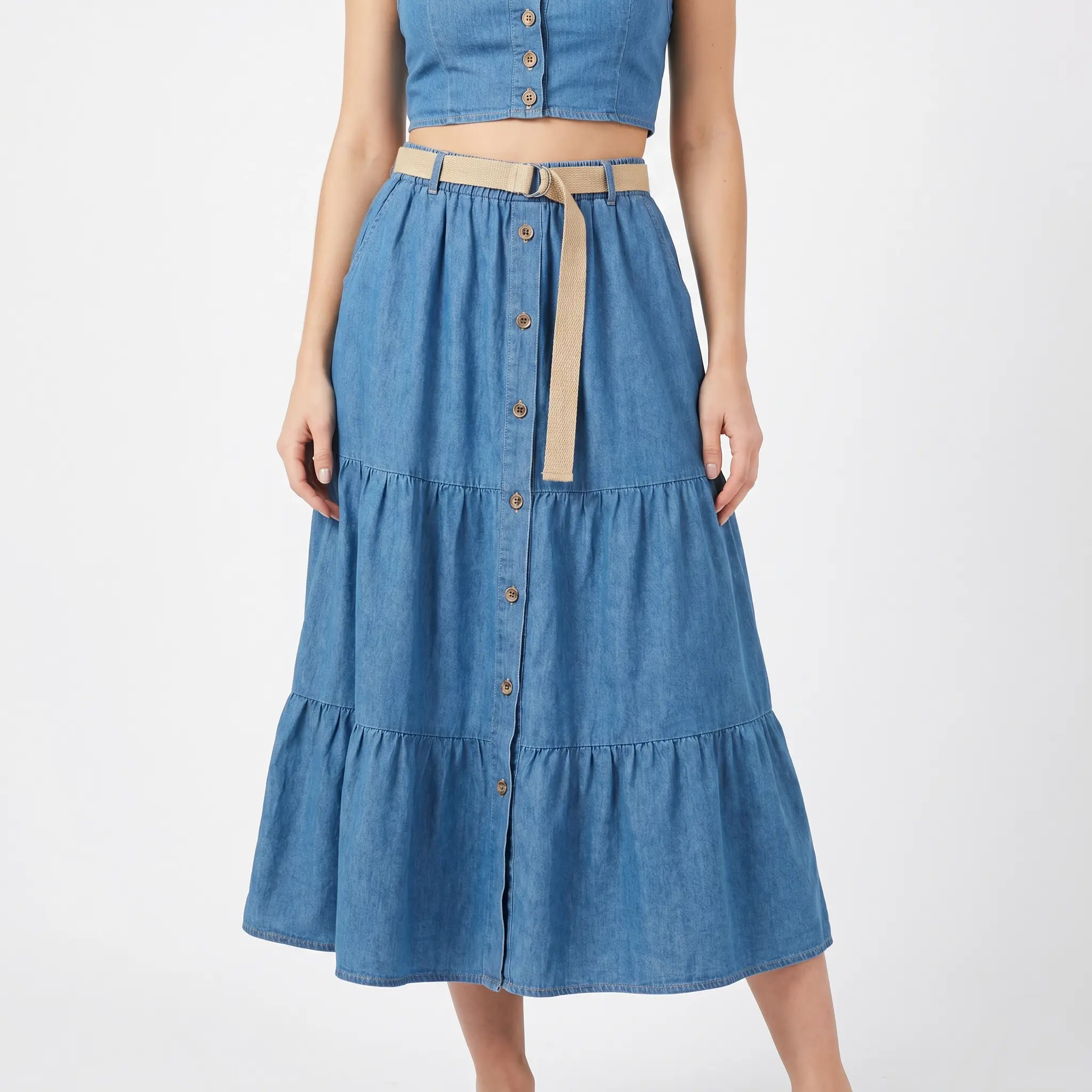 Paw Drazzel Boutique Women's Casual Wear, Tiered Construction, Full Button-Front, Flared Hemline, Elastic Waistline, Woven Belt, Trumpet Chambray Skirt
