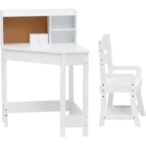 Compact Wood Study Desk & Chair Set for Small Spaces – Adjustable Chair, Built-In Hutch, Corkboard and Pen Holder Included. Space-Saving Kids Homework Desk, Ideal for Students, White Finish