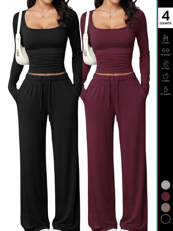Women's 2 Piece Matching Lounge Set, Fitted Square Neck Long Sleeve Crop Top, High Waisted Wide Leg Drawstring Pants, Casual Sweatsuit Women's 2 Piece Matching Lounge Set, Fitted Square Neck Long Sleeve Crop Top, High Waisted Wide Leg Drawstring Pants, Casual Sweatsuit