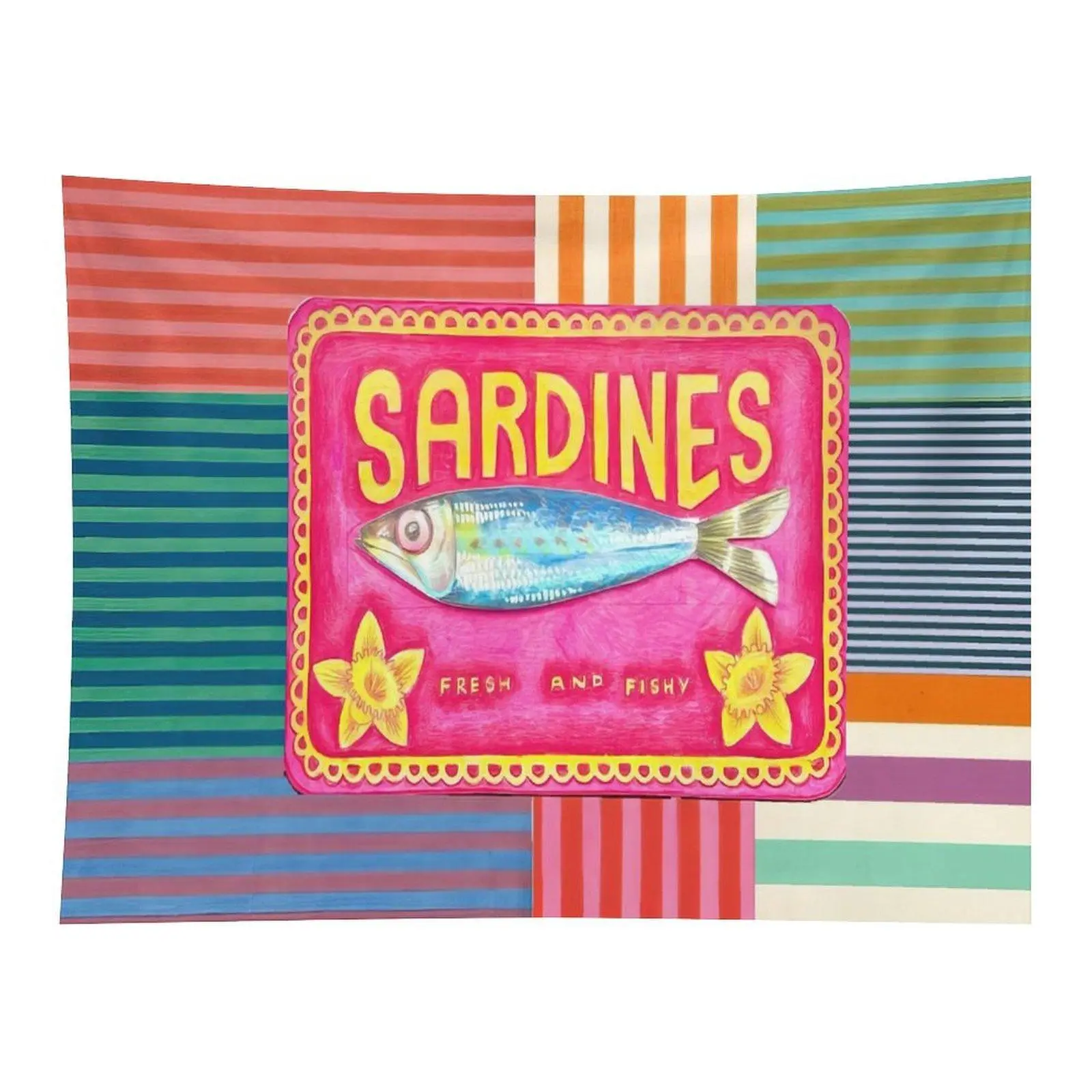 Colorful Striped Background Vintage Sardine Fish Tin Sign Wall Tapestry Wall Hanging, Retro Coastal Y2K Fish Cartoon Art Decor for Beach Themed Bedroom Dorm Vanity Backdrop