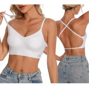 Women's Low Back Bras with Padded Removeable Wirefree Seamless Bra Backless Multiway Straps Convertible Bra,Skin-friendly seamless fabric, breathable and sweat-free sports bra