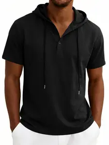 Men's Short Sleeve Hooded Henry Shirt T-Shirt, Casual Summer Top with Drawstring Cap, Comfortable and Fashionable (multiple Colors) Casual Hooded Sweatshirt
