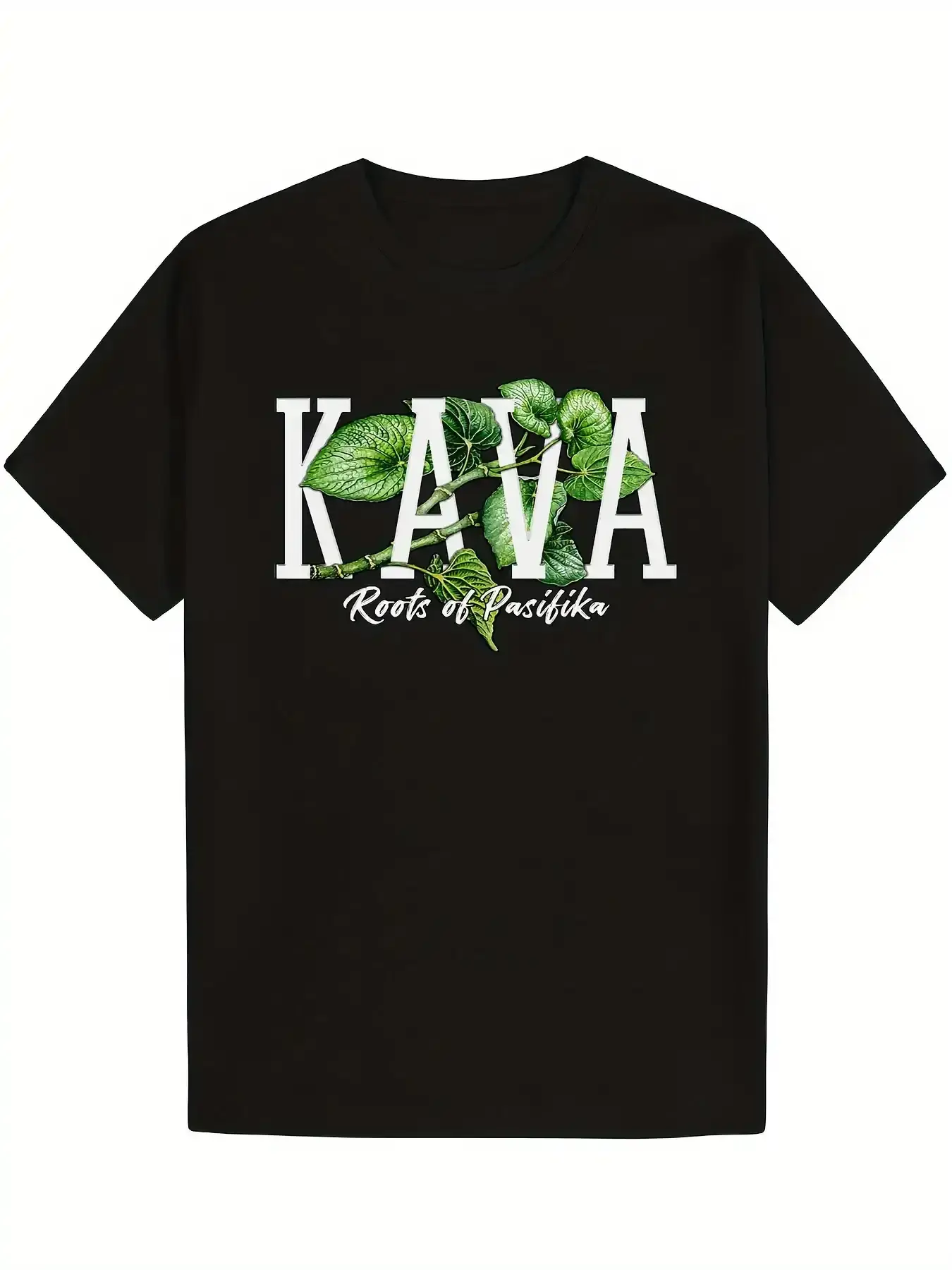 Men's Pasifika Kava Roots Graphic T-Shirt - Soft Cotton Relaxed Fit, Black with Green Leaf & KAVA Lettering Design, Micronesian Melanesian Polynesian Cultural Casual Tee for Casual Attire, Comfortable Fit Shirt, Cultural Motif Apparel, Breathable Fabric