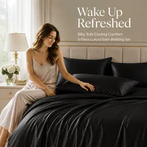 ROMANGEM Black Satin Duvet Cover Set 3 Piece, Silky Soft Microfiber Comforter Cover with 2 Pillowcases, Luxury Hotel Style Bedding bed sheets Split King Cooling Hypoallergenic