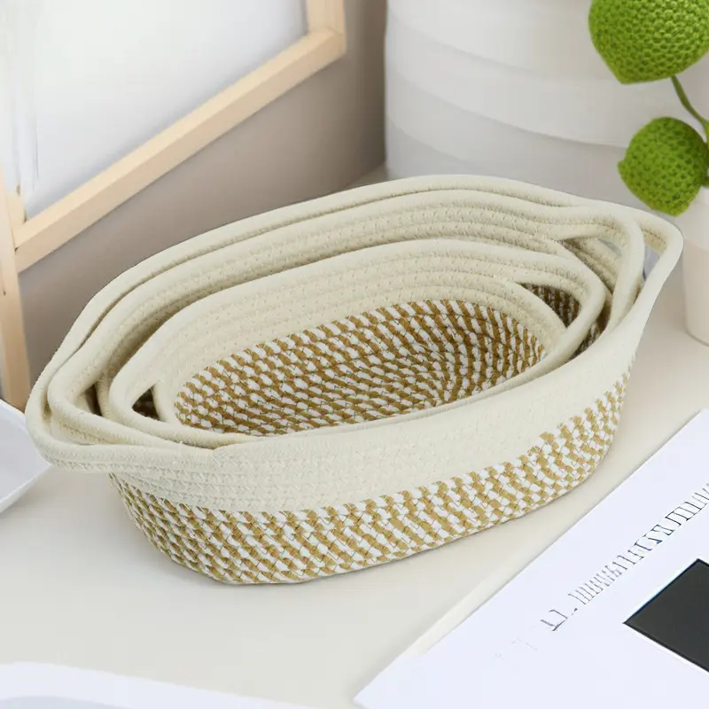 Cotton Rope Woven Storage Basket, Oval Organizer with Handle for Snacks & Toys, Portable Household Storage Bin for Living Room & Bedroom, Multifunctional Braided Storage Basket Cotton Rope Woven Storage Basket, Oval Organizer with Handle for Snacks & Toys, Portable Household Storage Bin for Living Room & Bedroom, Multifunctional Braided Storage Basket