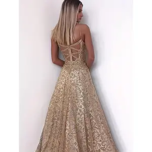 Elegant Off-Shoulder V-Neck Long Dress for Women - Golden Sequin Gown with Lace Detailing, Perfect for Prom Night & Special Occasions, Dresses Elegant Formal Womenswear Knit Solid Workwear Fabric Basic Minimalist Sleeveless