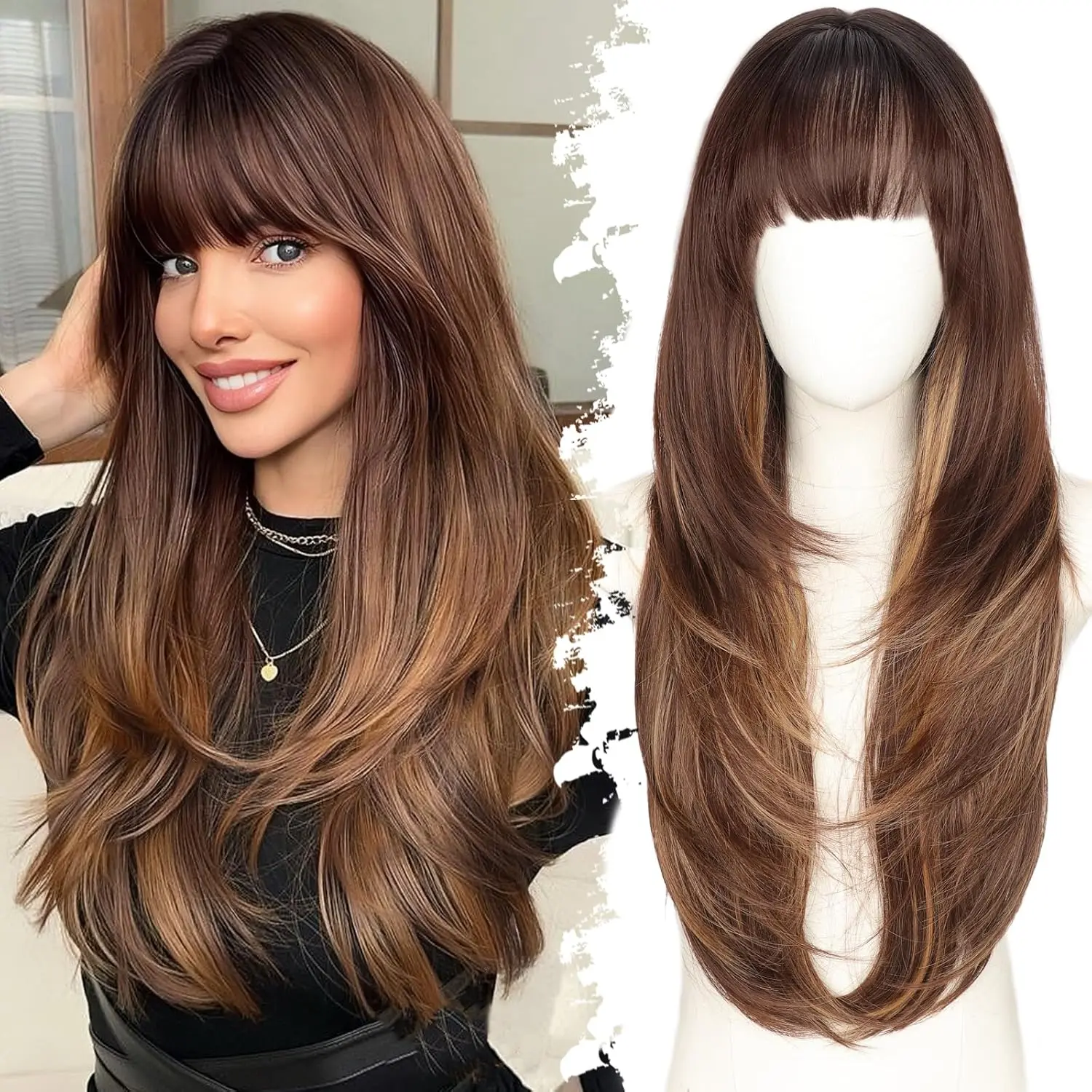 Long Chocolate Brown Wig with Golden Highlights Synthetic Hair 26 Inch Heat Resistant for Women Daily Party Use with Bangs Dark Root Layered