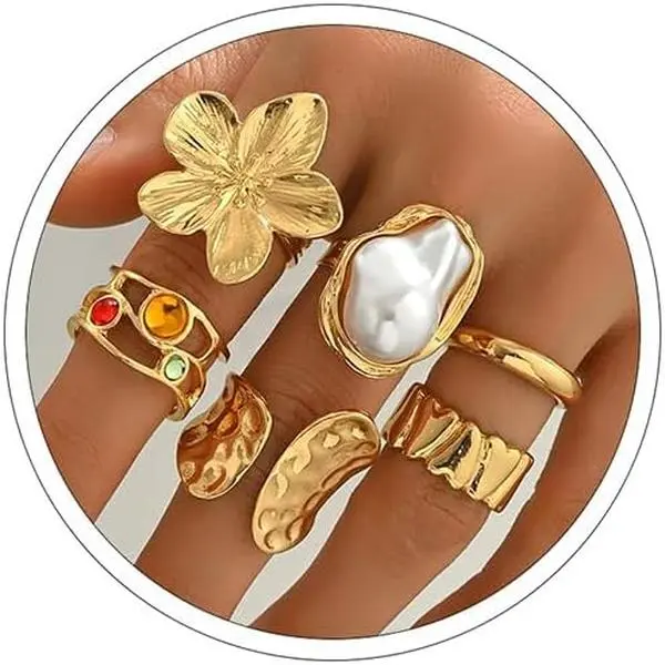 Chunky Gold Rings for Women Non Tarnish Statement Flower Ring Baroque Pearl Stackable Rings Set 6Pcs Chunky Jewelry